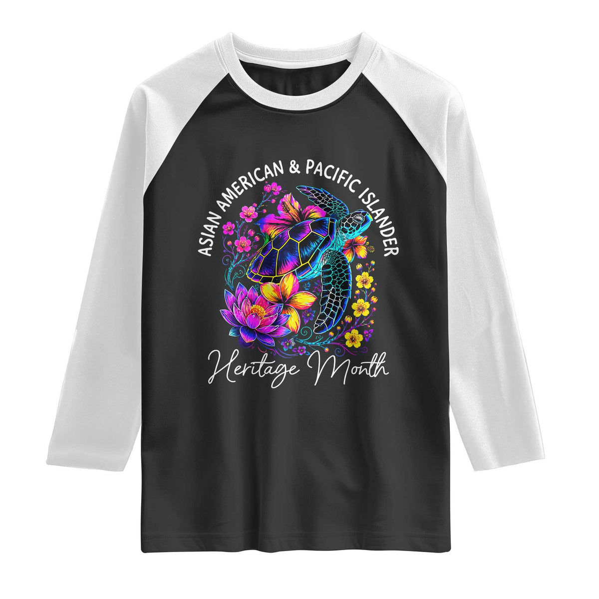 AAPI Asian American and Pacific Islander Heritage Month Raglan Shirt Floral Sea Turtle TS11 Black White Print Your Wear