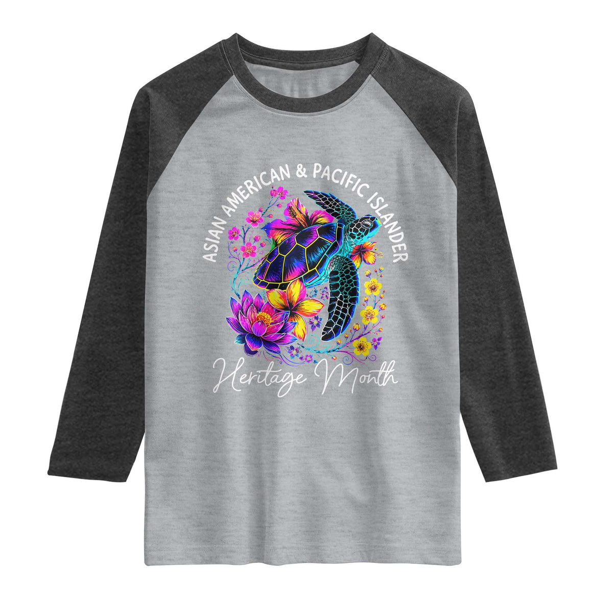 AAPI Asian American and Pacific Islander Heritage Month Raglan Shirt Floral Sea Turtle TS11 Heather Gray Heather Charcoal Print Your Wear