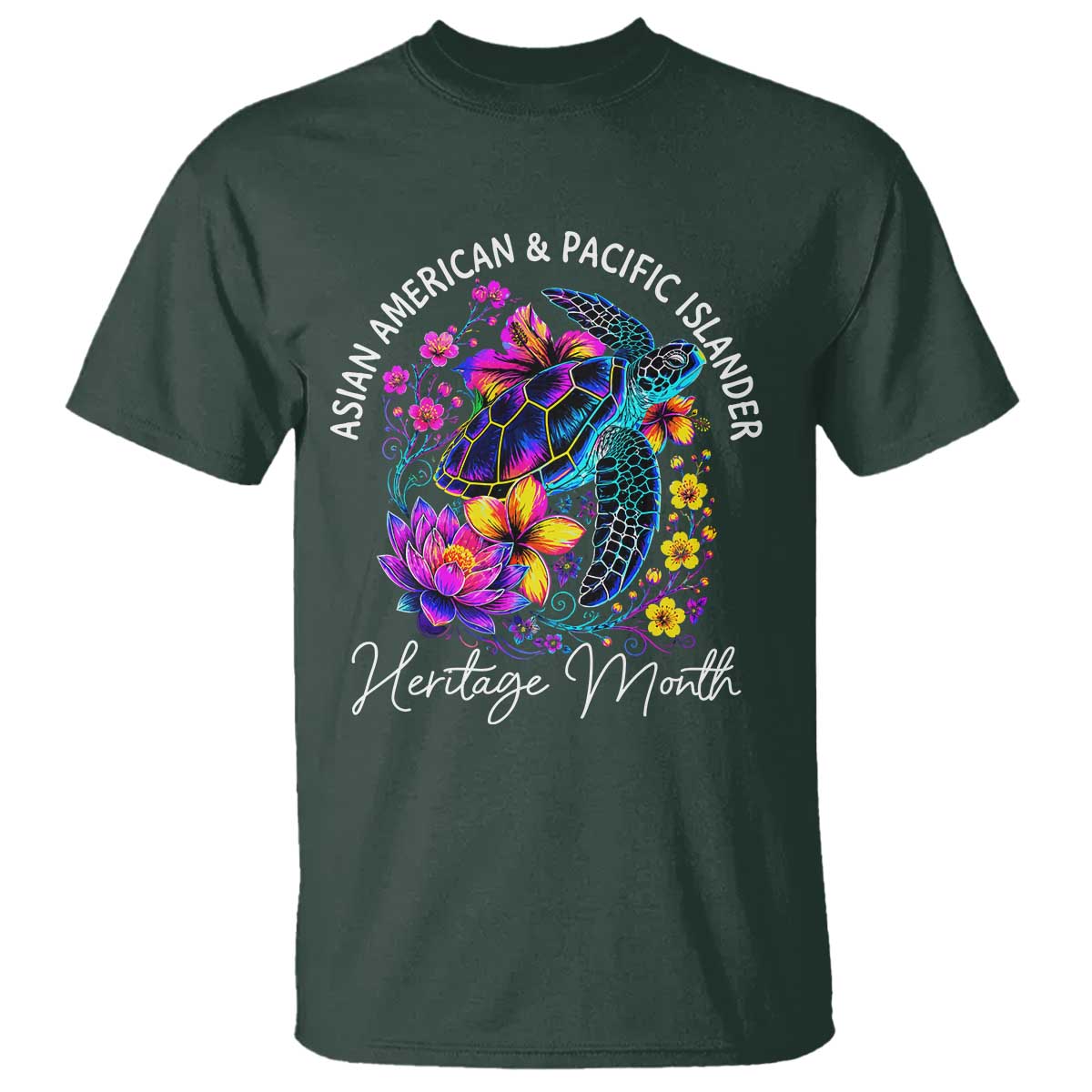 AAPI Asian American and Pacific Islander Heritage Month T Shirt Floral Sea Turtle TS11 Dark Forest Green Print Your Wear