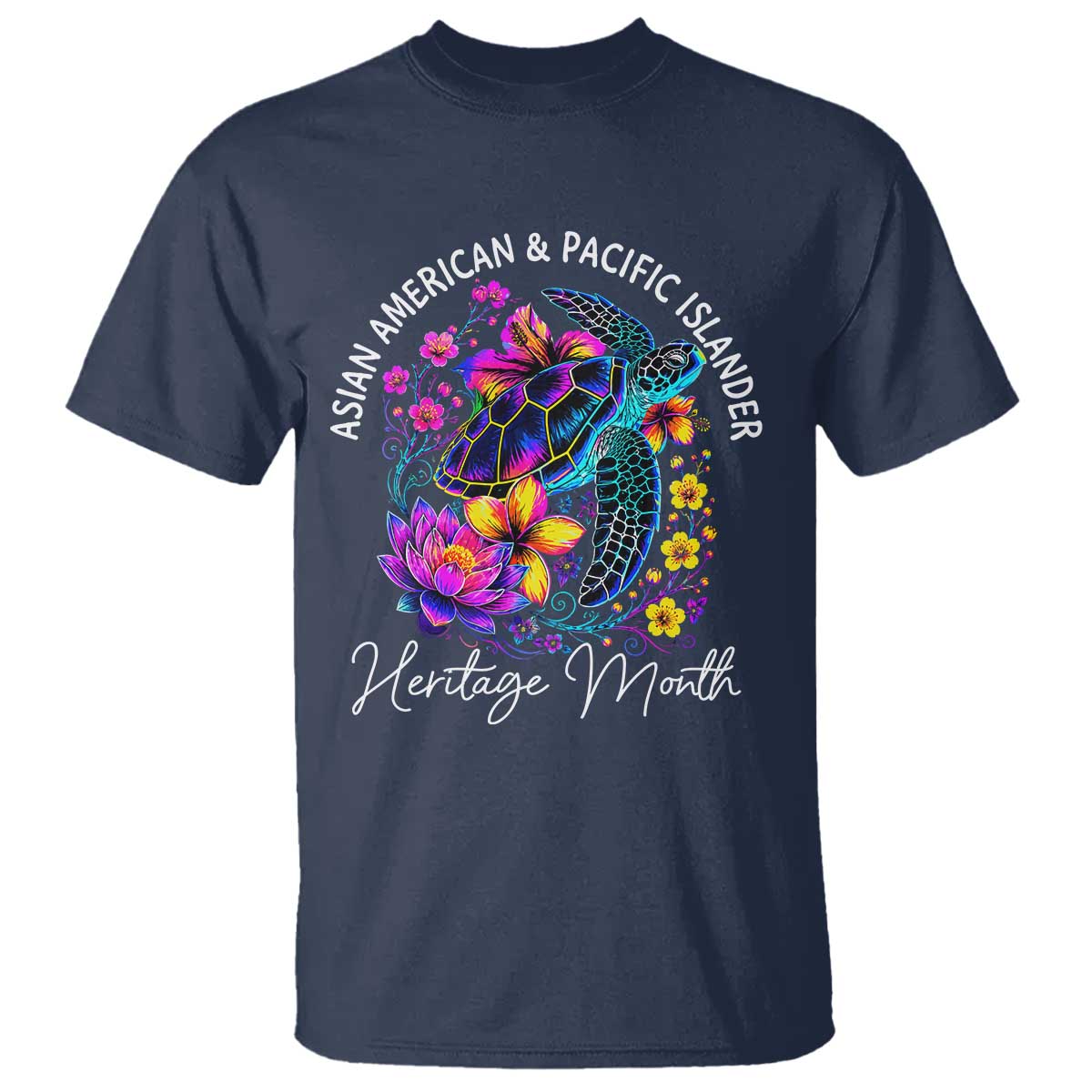 AAPI Asian American and Pacific Islander Heritage Month T Shirt Floral Sea Turtle TS11 Navy Print Your Wear