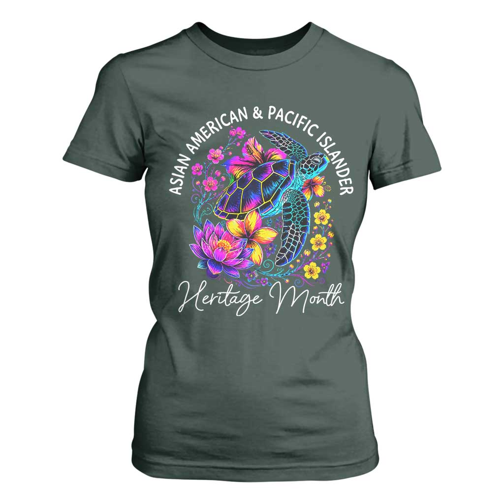 AAPI Asian American and Pacific Islander Heritage Month T Shirt For Women Floral Sea Turtle TS11 Dark Forest Green Print Your Wear