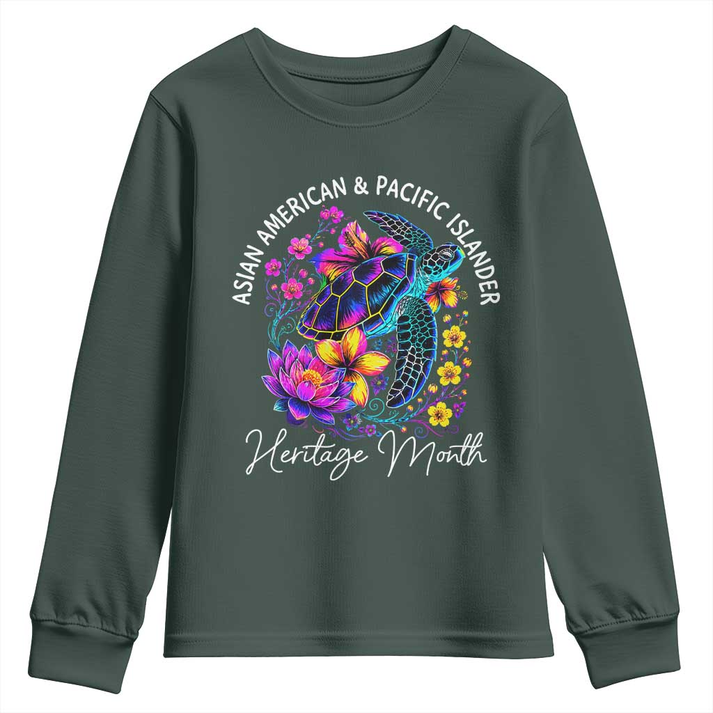 AAPI Asian American and Pacific Islander Heritage Month Youth Sweatshirt Floral Sea Turtle TS11 Dark Forest Green Print Your Wear