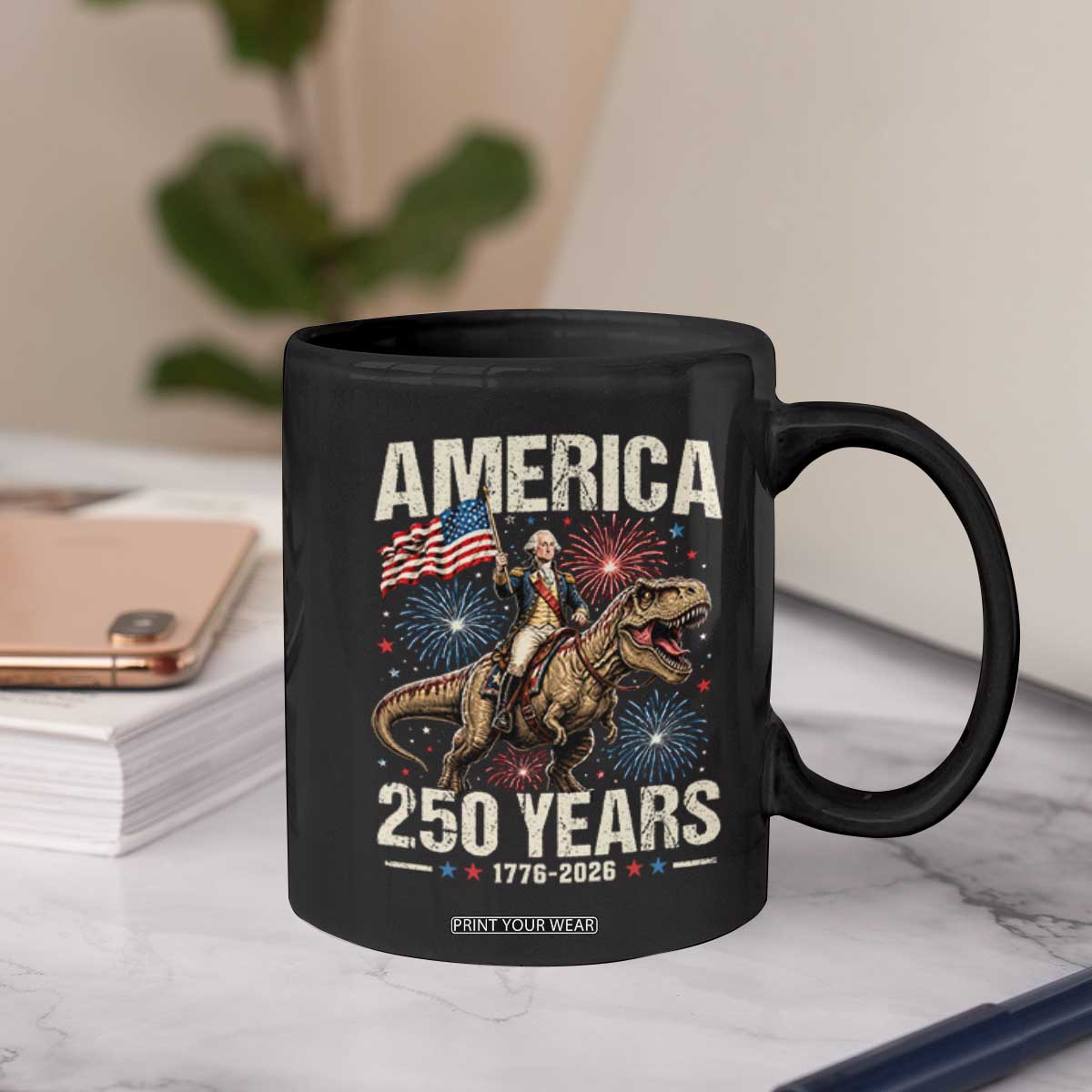 America 250 Years George Washington Riding Tyrannosaurus Rex Coffee Mug TS11 Print Your Wear