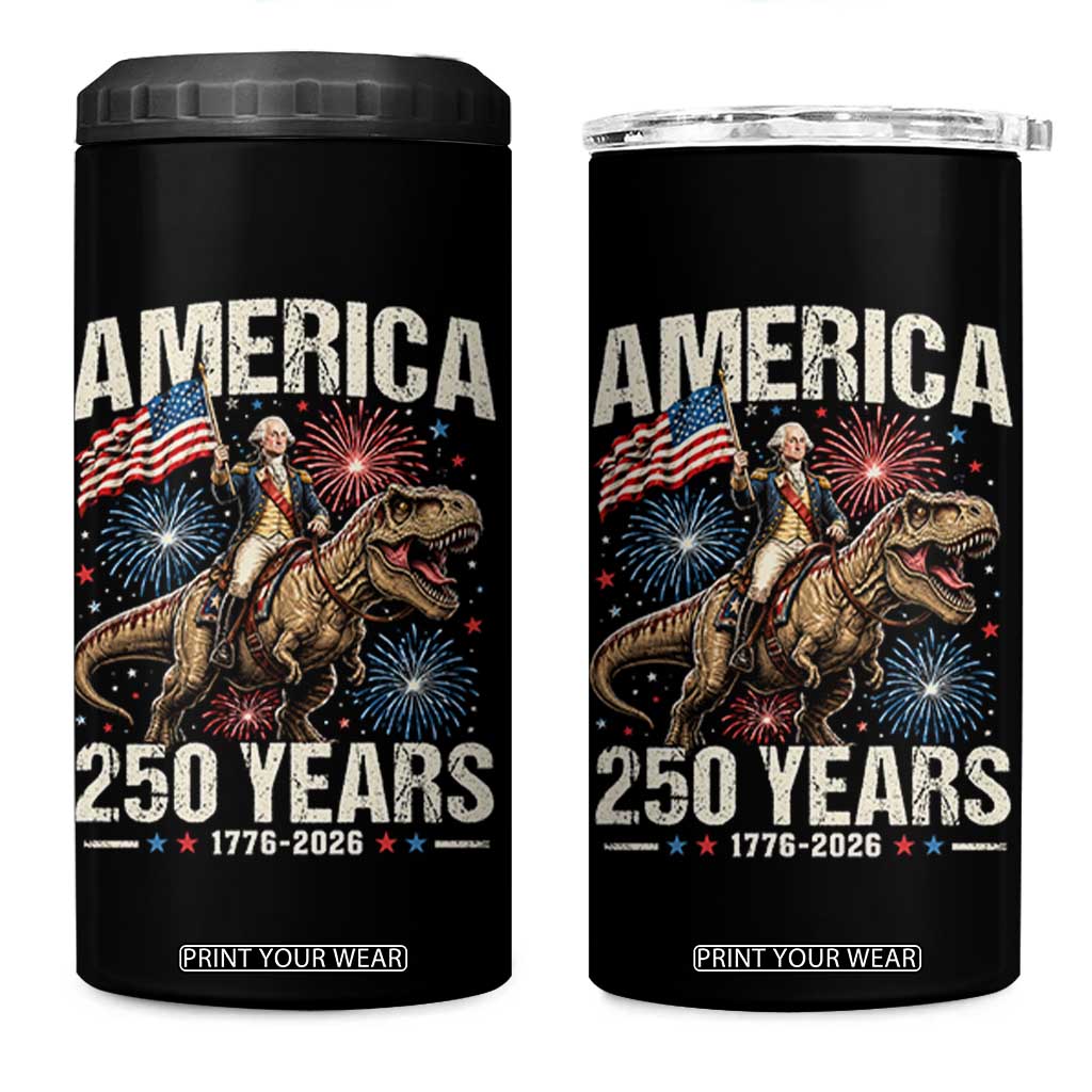 America 250 Years George Washington Riding Tyrannosaurus Rex 4 in 1 Can Cooler Tumbler TS11 One Size: 16 oz Black Print Your Wear
