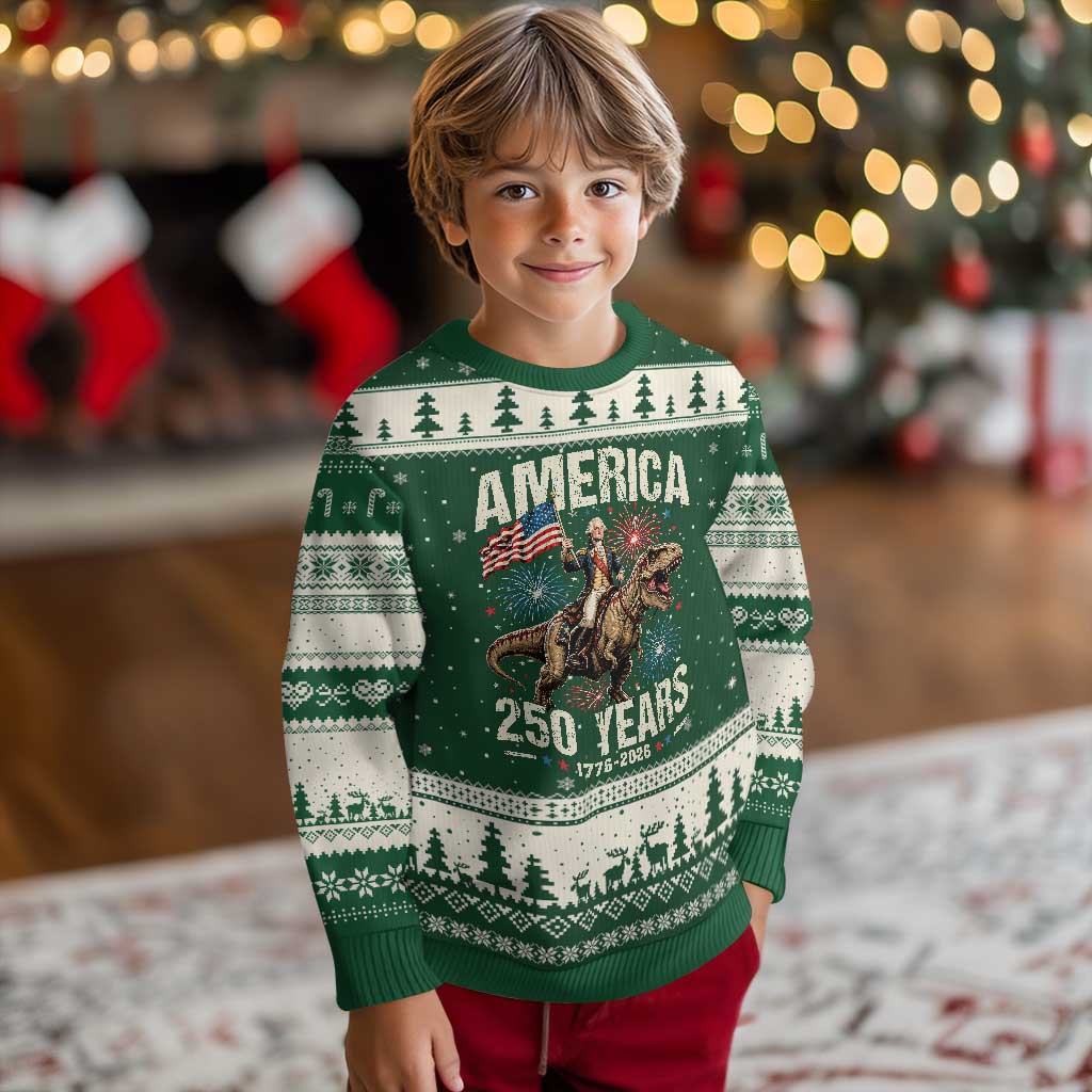 America 250 Years George Washington Riding Tyrannosaurus Rex Ugly Christmas Sweater TS11 Forest Green Beige Print Your Wear