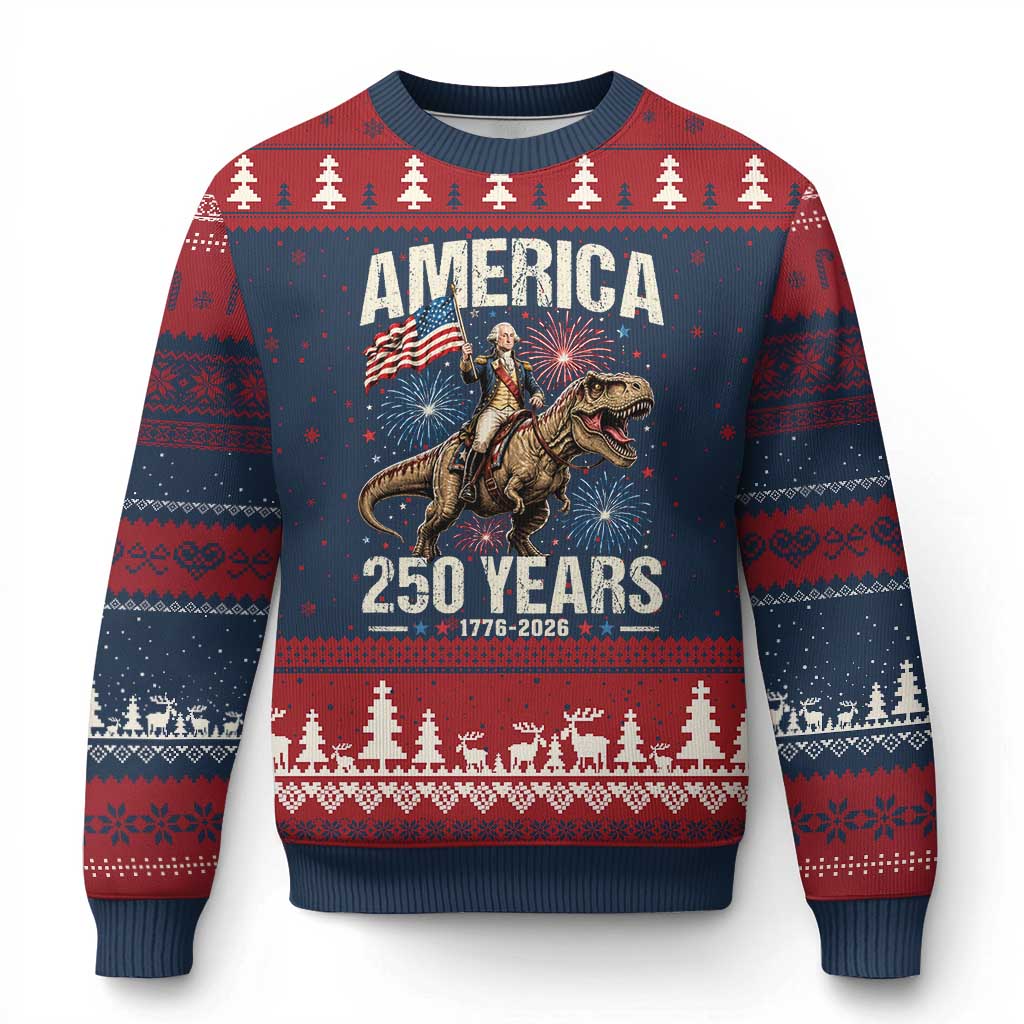 America 250 Years George Washington Riding Tyrannosaurus Rex Ugly Christmas Sweater TS11 Navy Red Print Your Wear