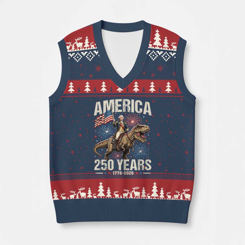 America 250 Years George Washington Riding Tyrannosaurus Rex V-Neck Knit Sweater Vest TS11 Navy Red Print Your Wear
