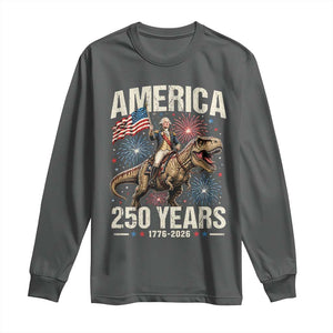 America 250 Years George Washington Riding Tyrannosaurus Rex Long Sleeve Shirt TS11 Dark Heather Print Your Wear