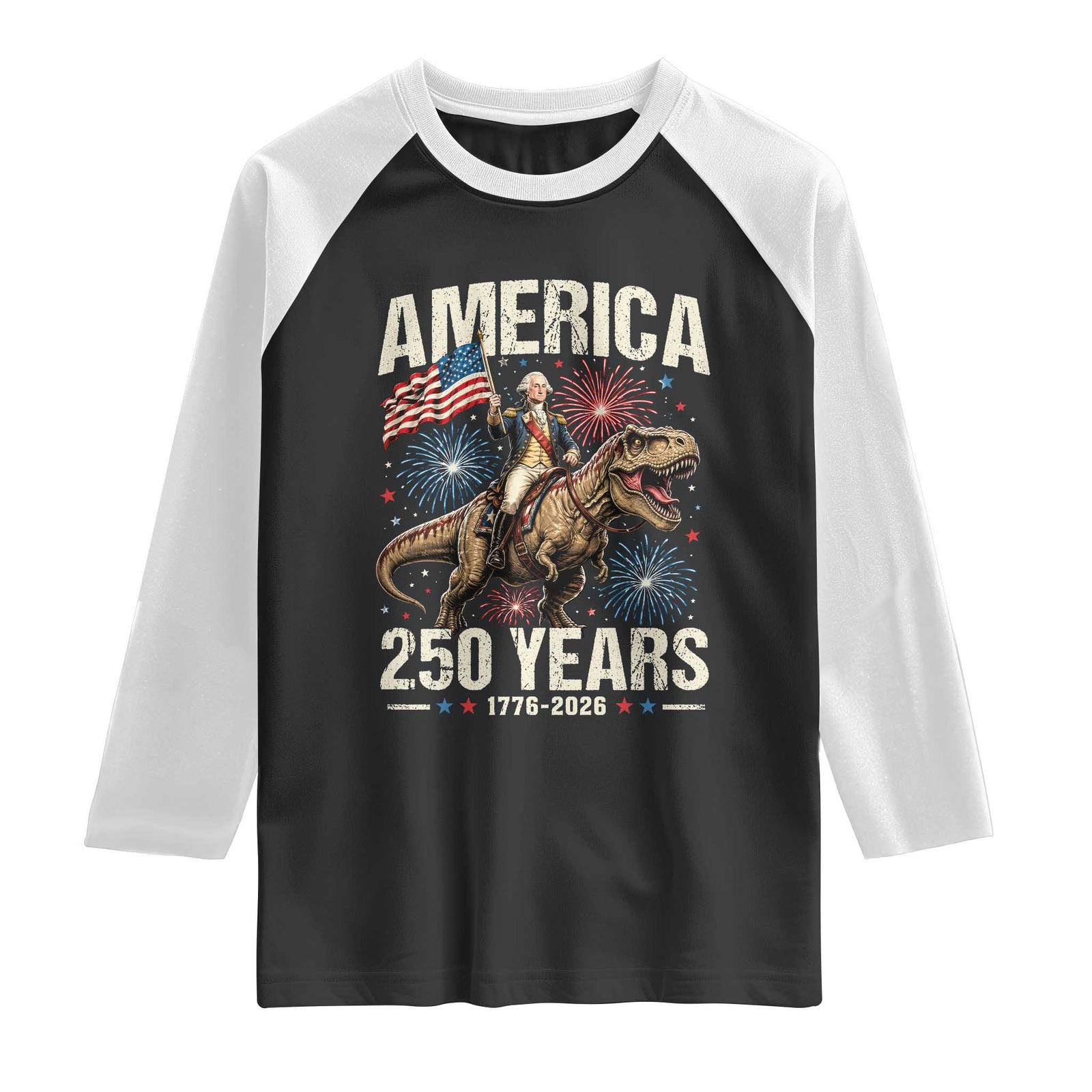 America 250 Years George Washington Riding Tyrannosaurus Rex Raglan Shirt TS11 Black White Print Your Wear
