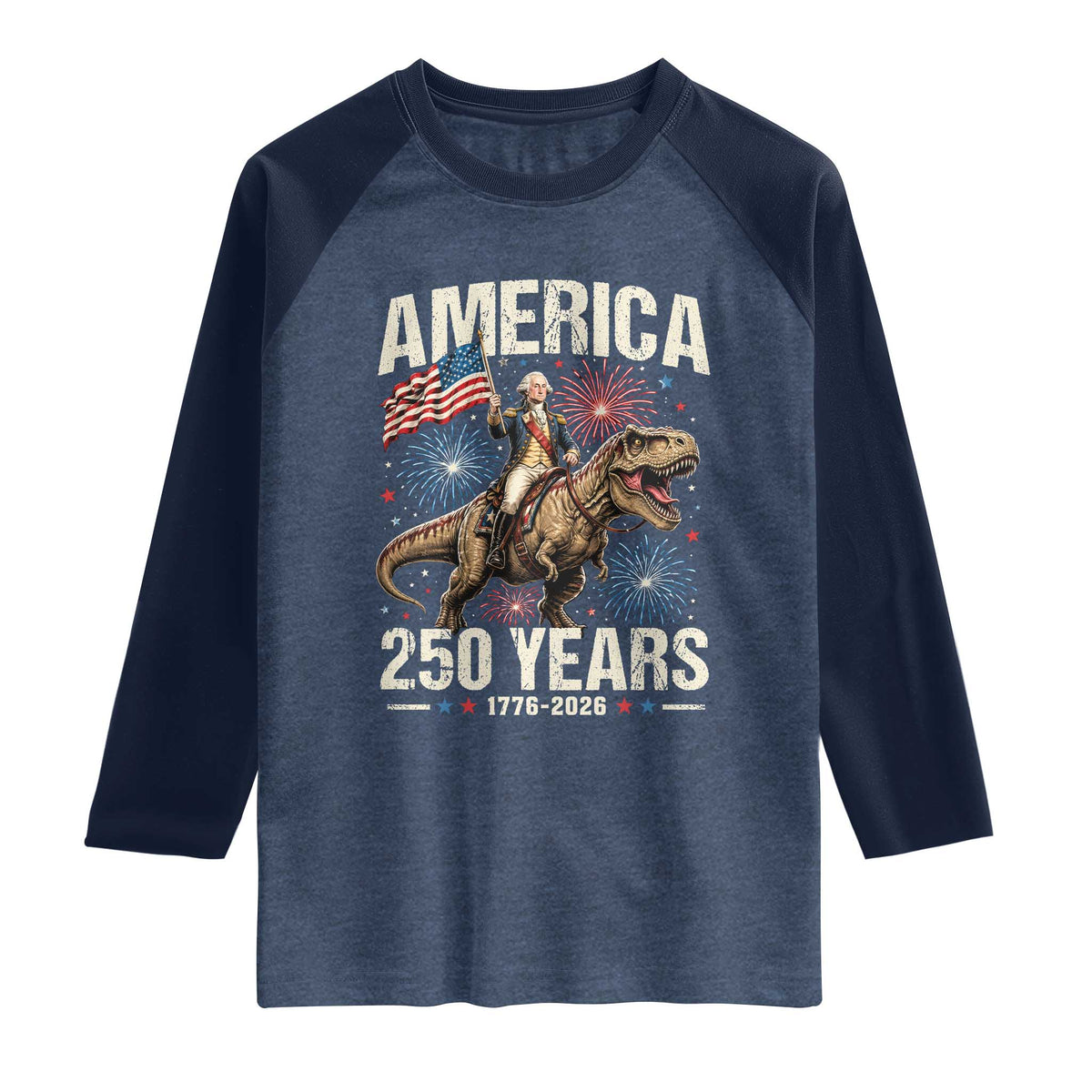America 250 Years George Washington Riding Tyrannosaurus Rex Raglan Shirt TS11 Heather Denim Navy Print Your Wear