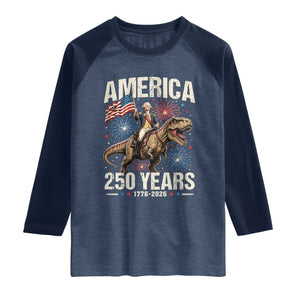 America 250 Years George Washington Riding Tyrannosaurus Rex Raglan Shirt TS11 Heather Denim Navy Print Your Wear