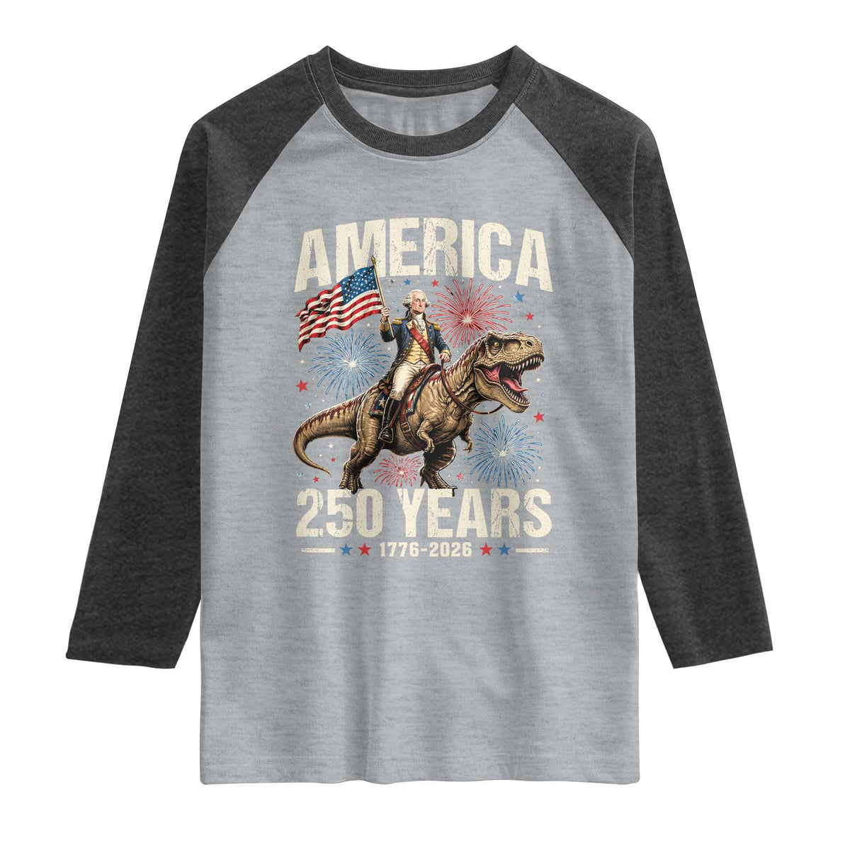 America 250 Years George Washington Riding Tyrannosaurus Rex Raglan Shirt TS11 Heather Gray Heather Charcoal Print Your Wear