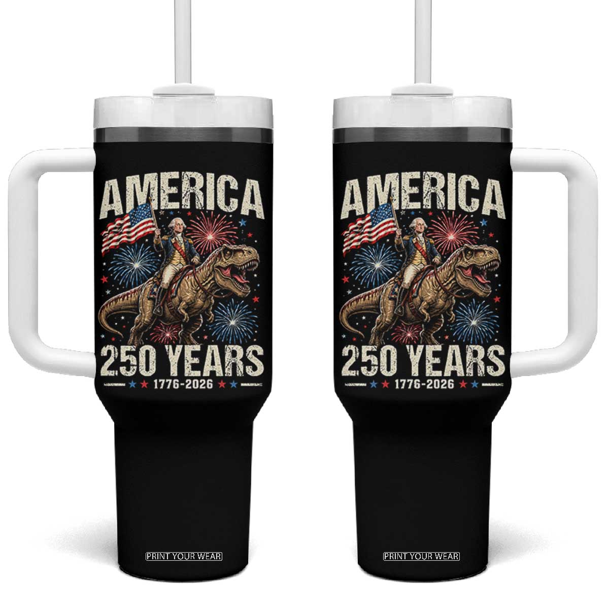 America 250 Years George Washington Riding Tyrannosaurus Rex Tumbler With Handle TS11 One Size: 40 oz Black Print Your Wear