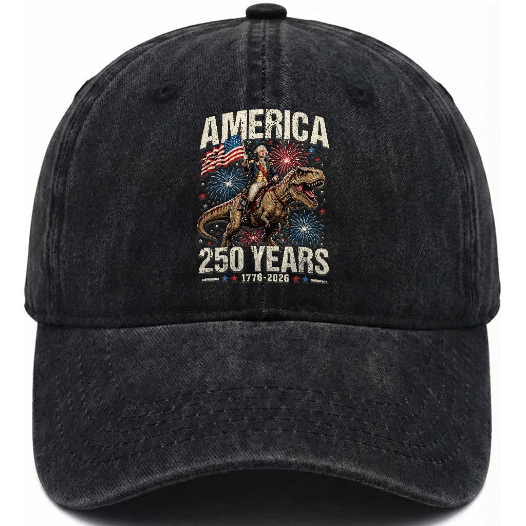 America 250 Years George Washington Riding Tyrannosaurus Rex Washed Cotton Baseball Cap TS11 Print Your Wear