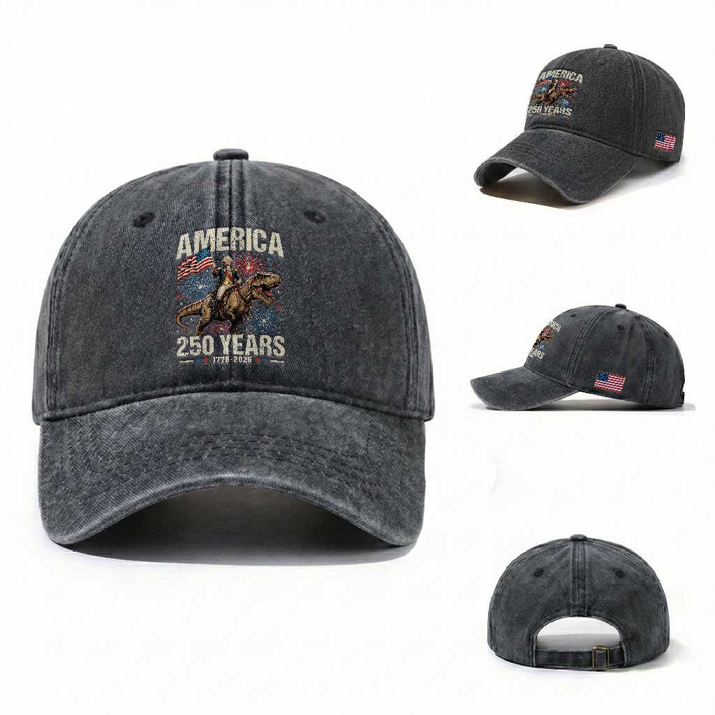 America 250 Years George Washington Riding Tyrannosaurus Rex Washed Cotton Baseball Cap TS11 Washed Cap Universal Fit Dark Gray Print Your Wear