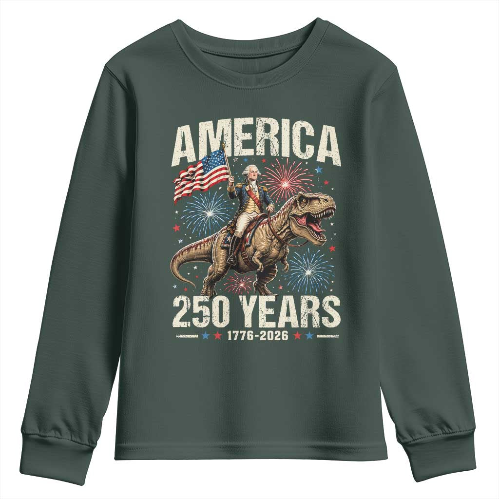 America 250 Years George Washington Riding Tyrannosaurus Rex Youth Sweatshirt TS11 Dark Forest Green Print Your Wear