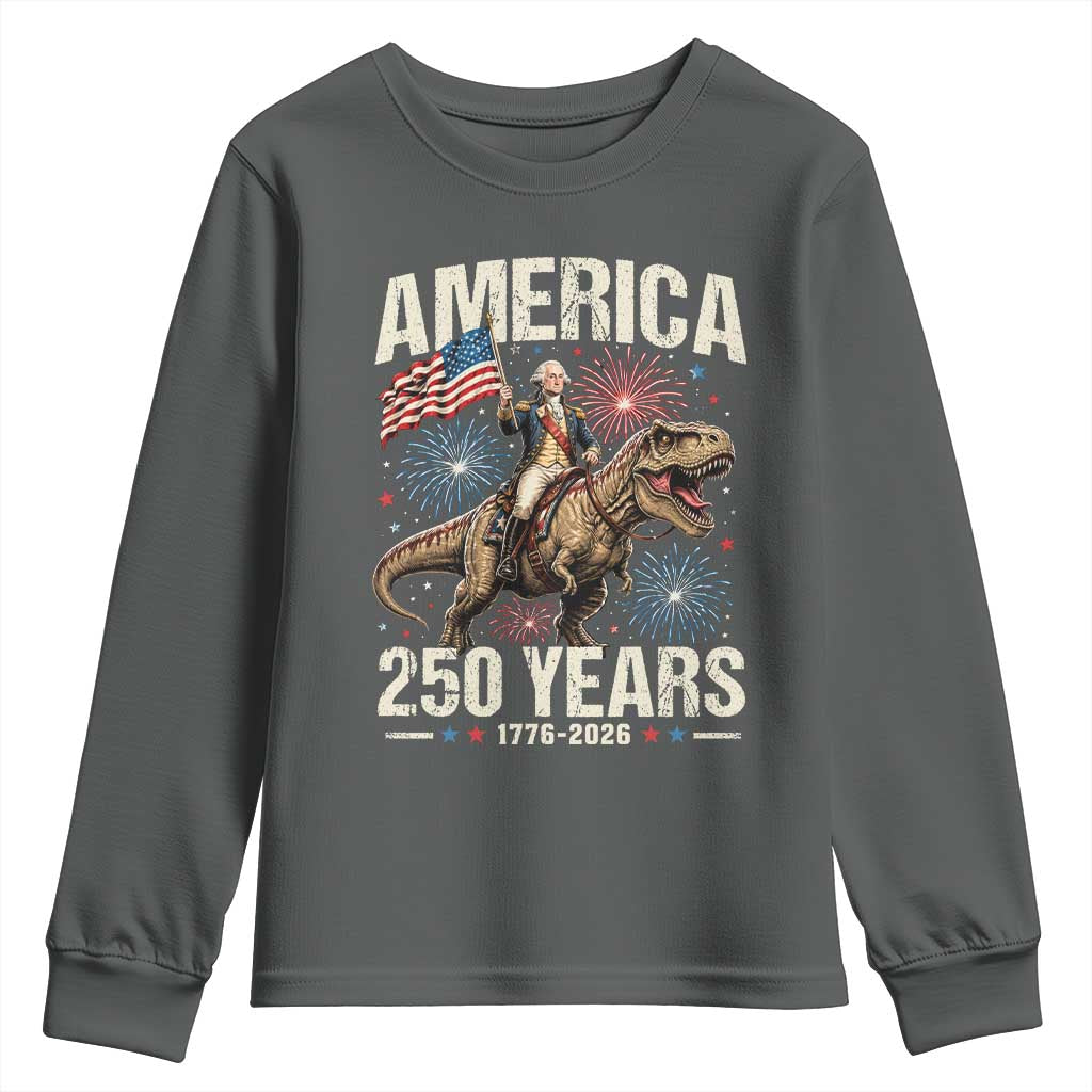 America 250 Years George Washington Riding Tyrannosaurus Rex Youth Sweatshirt TS11 Dark Heather Print Your Wear