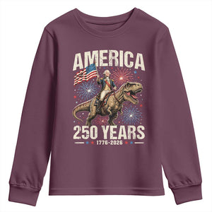 America 250 Years George Washington Riding Tyrannosaurus Rex Youth Sweatshirt TS11 Maroon Print Your Wear