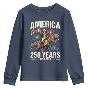 America 250 Years George Washington Riding Tyrannosaurus Rex Youth Sweatshirt TS11 Navy Print Your Wear