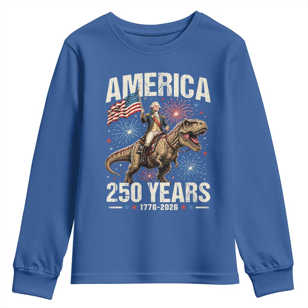America 250 Years George Washington Riding Tyrannosaurus Rex Youth Sweatshirt TS11 Royal Blue Print Your Wear
