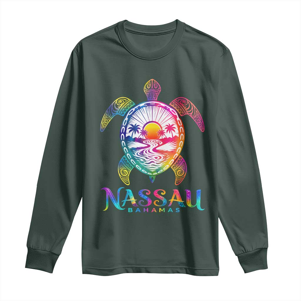 Nassau Bahamas Beach Vacation Long Sleeve Shirt Tie Dye Sea Turtle TS11 Dark Forest Green Print Your Wear