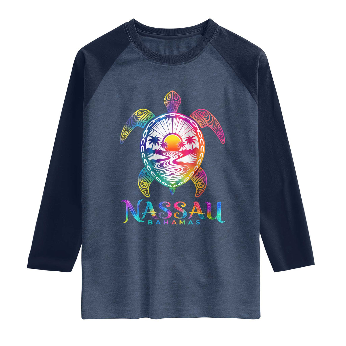 Nassau Bahamas Beach Vacation Raglan Shirt Tie Dye Sea Turtle TS11 Heather Denim Navy Print Your Wear