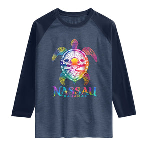 Nassau Bahamas Beach Vacation Raglan Shirt Tie Dye Sea Turtle TS11 Heather Denim Navy Print Your Wear