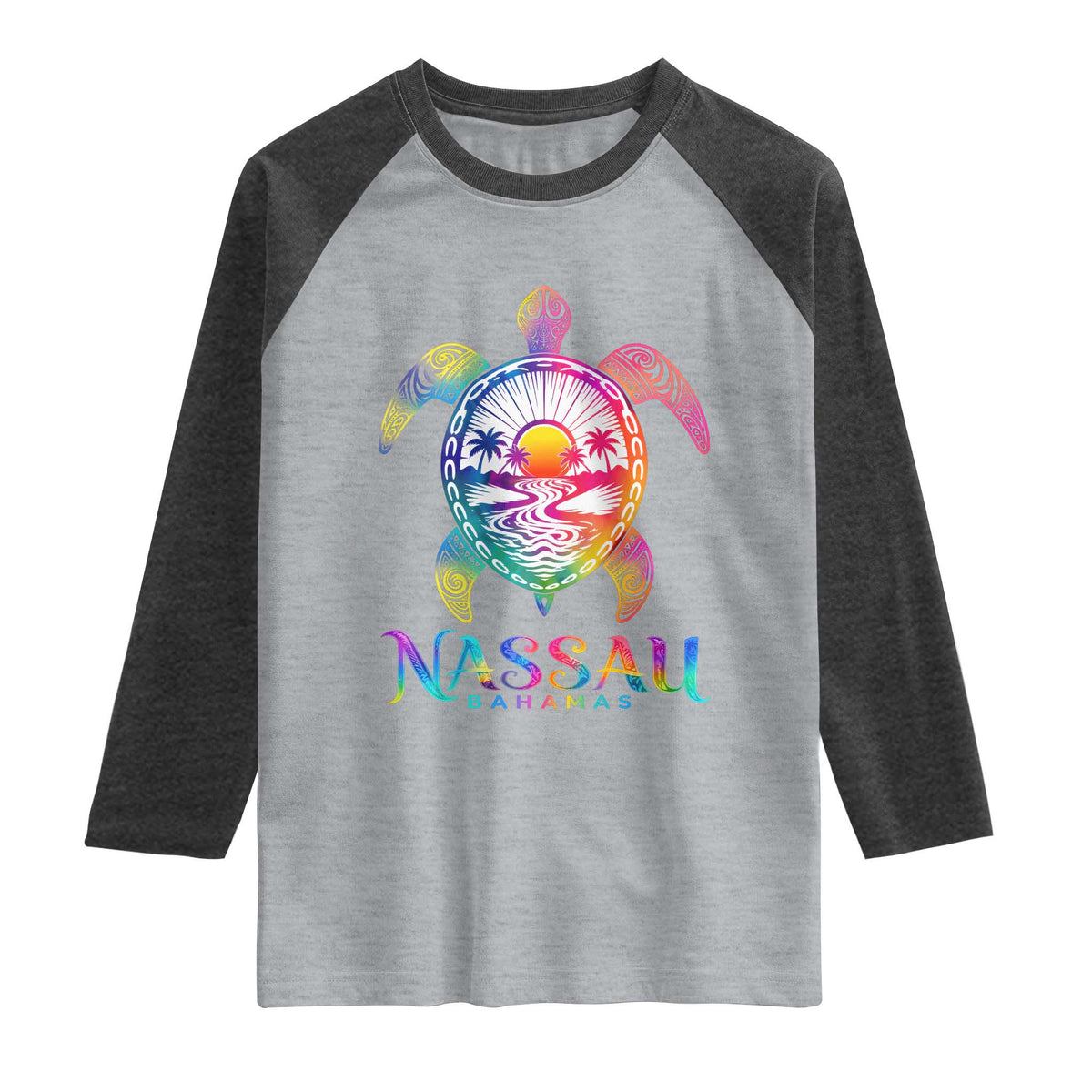 Nassau Bahamas Beach Vacation Raglan Shirt Tie Dye Sea Turtle TS11 Heather Gray Heather Charcoal Print Your Wear