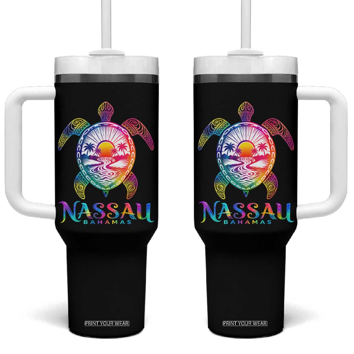 Nassau Bahamas Beach Vacation Tumbler With Handle Tie Dye Sea Turtle TS11 One Size: 40 oz Black Print Your Wear