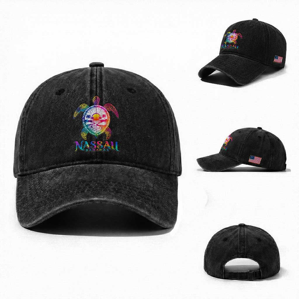 Nassau Bahamas Beach Vacation Washed Cotton Baseball Cap Tie Dye Sea Turtle TS11 Washed Cap Universal Fit Black Print Your Wear