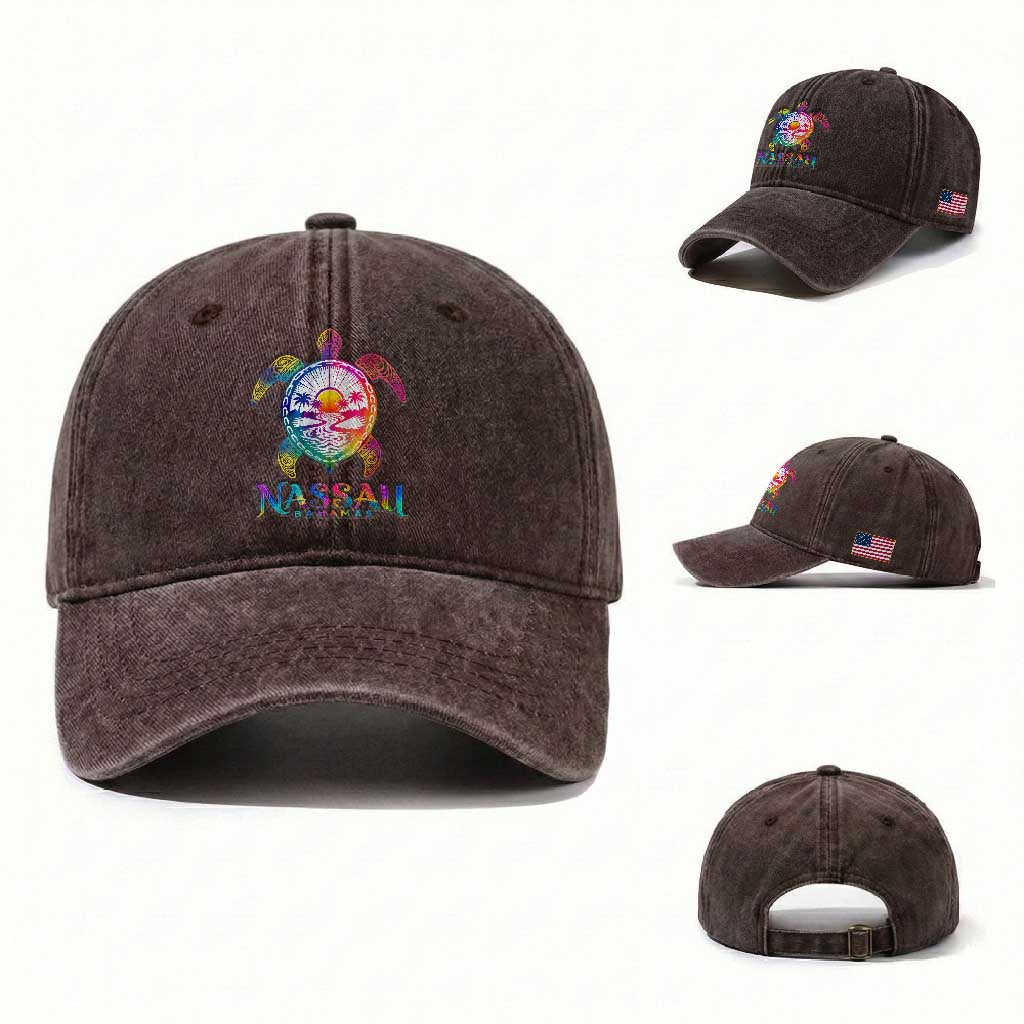Nassau Bahamas Beach Vacation Washed Cotton Baseball Cap Tie Dye Sea Turtle TS11 Washed Cap Universal Fit Dark Brown Print Your Wear