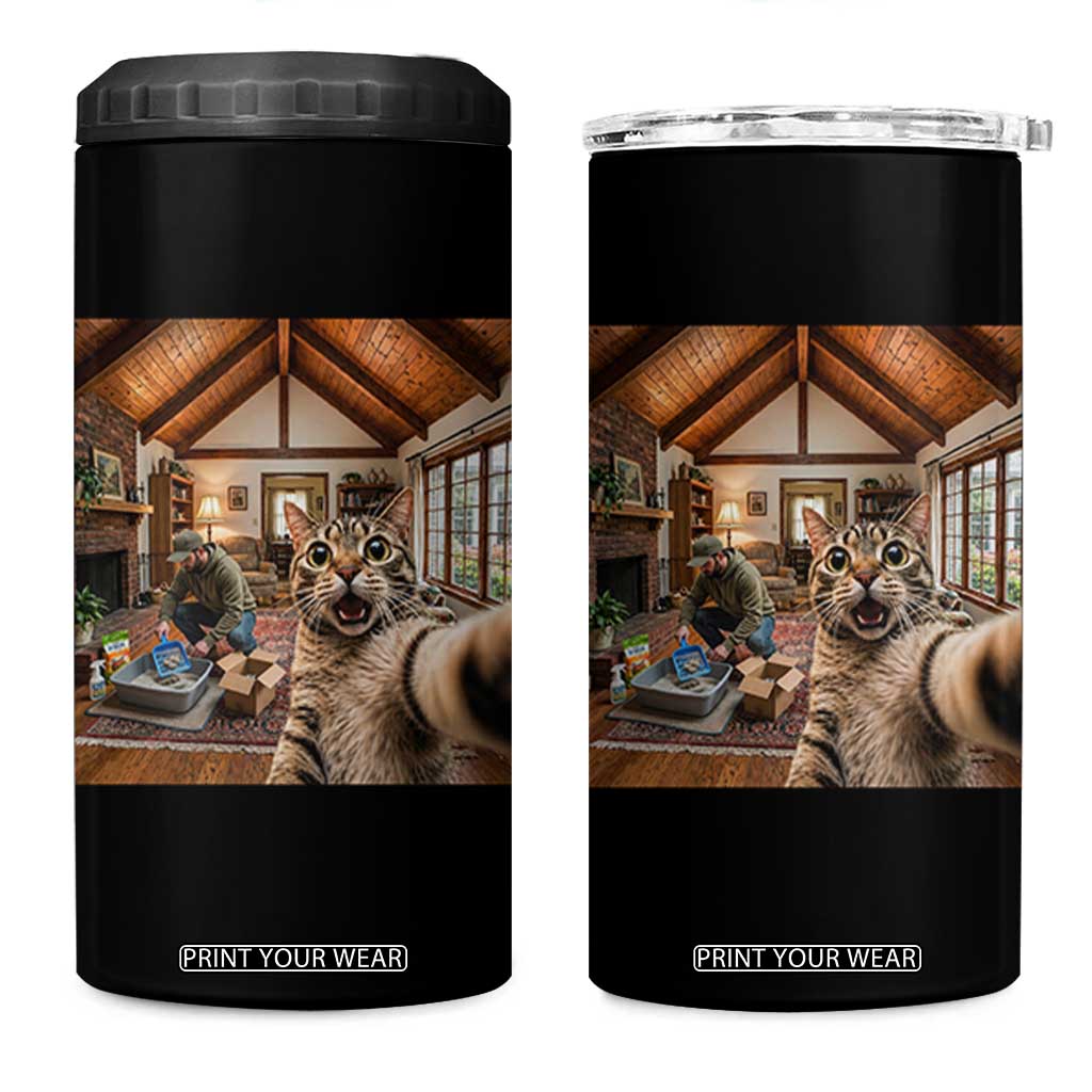 Cat Selfie with Man Funny Cat Dad 4 in 1 Can Cooler Tumbler TS11 One Size: 16 oz Black Print Your Wear