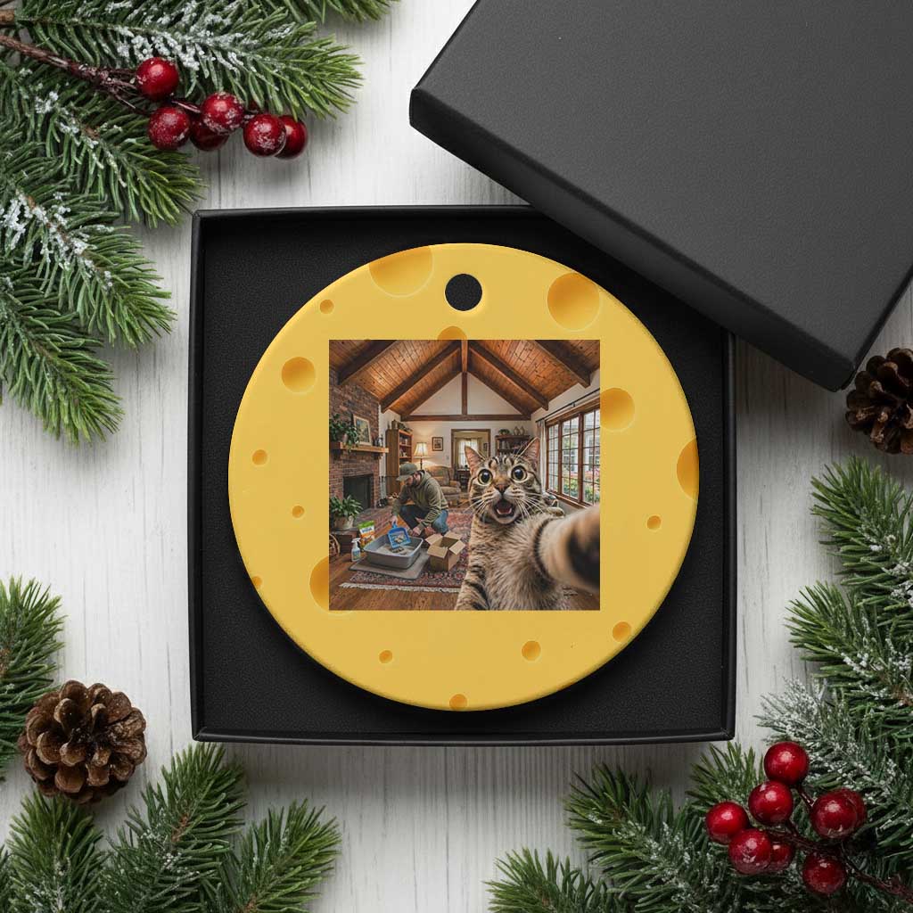Cat Selfie with Man Funny Cat Dad Ceramic Ornament TS11 1pc Yellow Cheese Print Your Wear