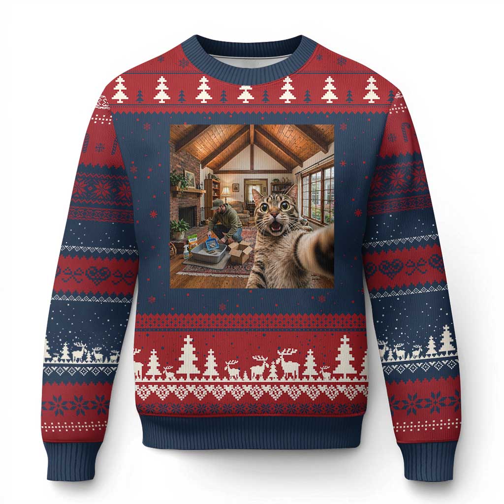 Cat Selfie with Man Funny Cat Dad Ugly Christmas Sweater TS11 Navy Red Print Your Wear