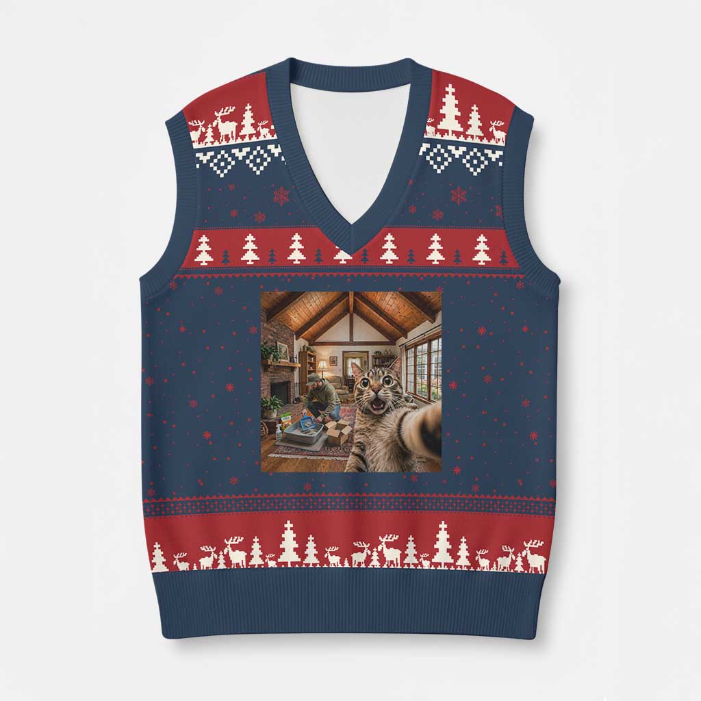 Cat Selfie with Man Funny Cat Dad V-Neck Knit Sweater Vest TS11 Navy Red Print Your Wear