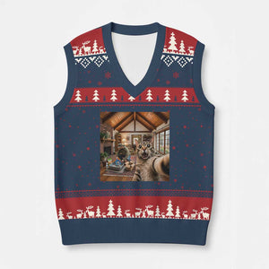 Cat Selfie with Man Funny Cat Dad V-Neck Knit Sweater Vest TS11 Navy Red Print Your Wear