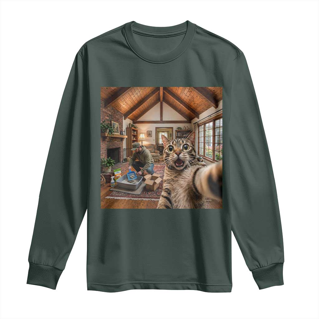 Cat Selfie with Man Funny Cat Dad Long Sleeve Shirt TS11 Dark Forest Green Print Your Wear