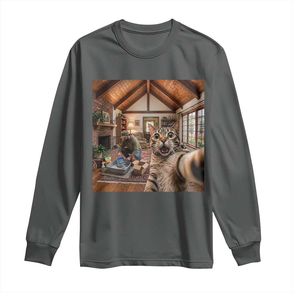 Cat Selfie with Man Funny Cat Dad Long Sleeve Shirt TS11 Dark Heather Print Your Wear