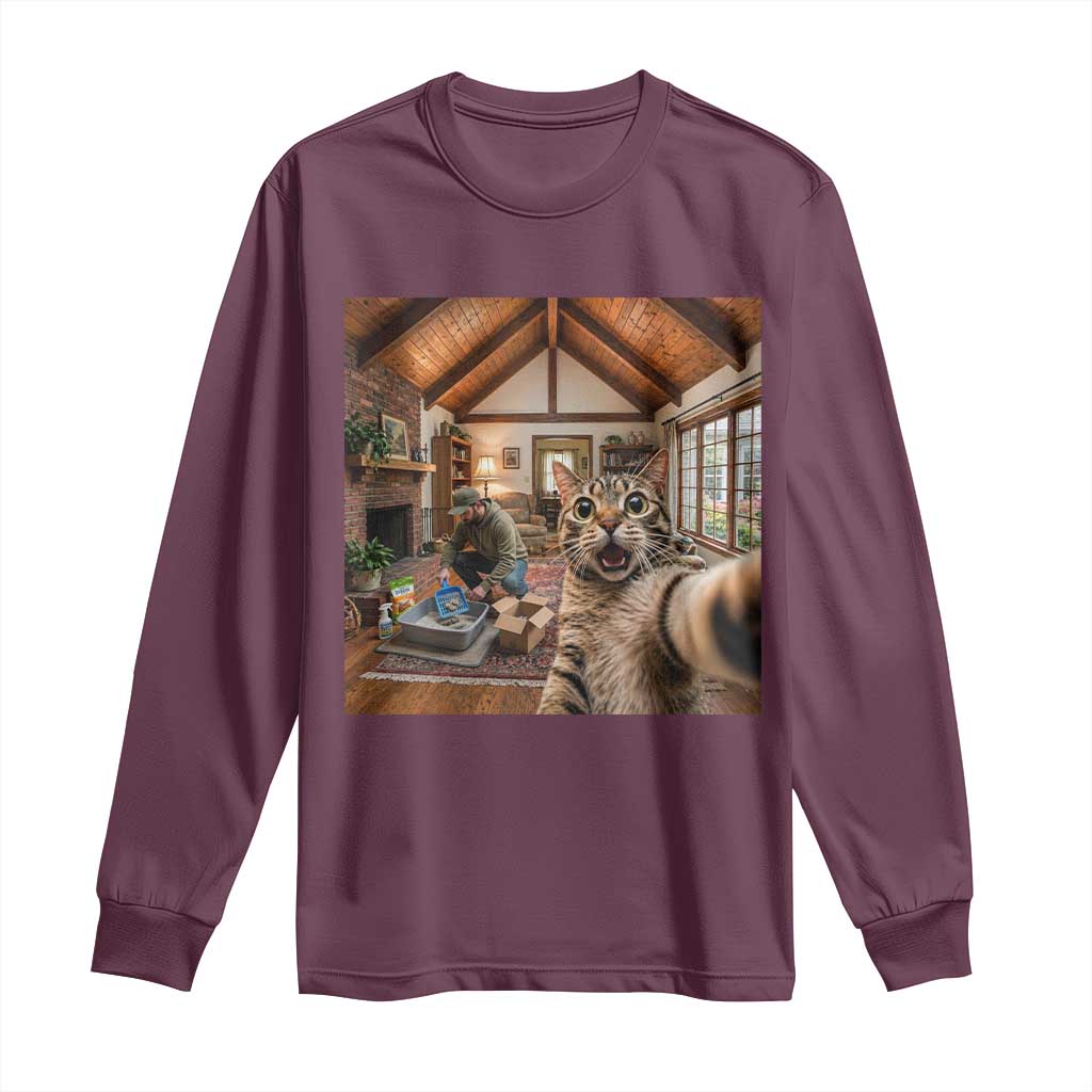 Cat Selfie with Man Funny Cat Dad Long Sleeve Shirt TS11 Maroon Print Your Wear