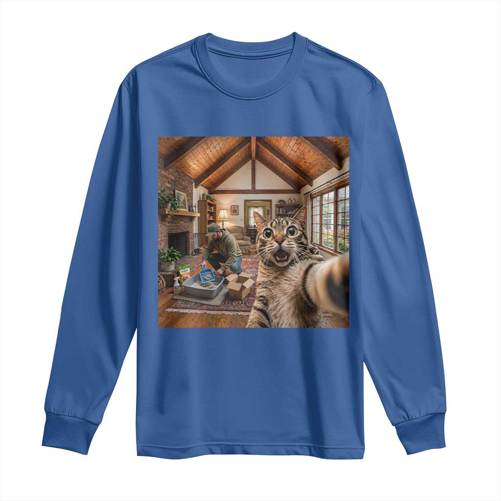 Cat Selfie with Man Funny Cat Dad Long Sleeve Shirt TS11 Royal Blue Print Your Wear