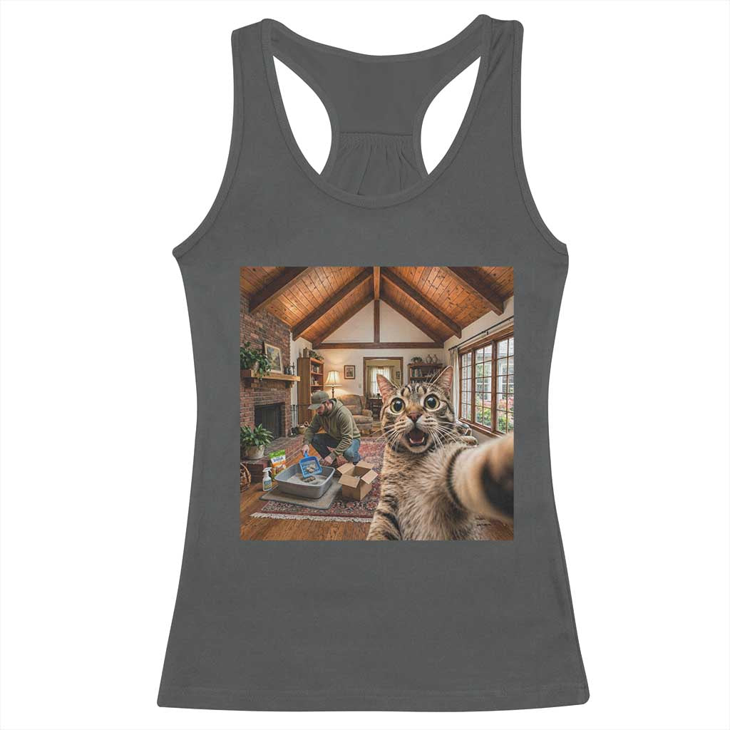 Cat Selfie with Man Funny Cat Dad Racerback Tank Top TS11 Dark Heather Print Your Wear