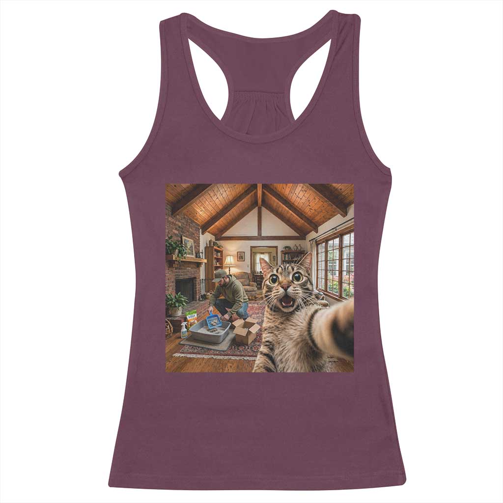 Cat Selfie with Man Funny Cat Dad Racerback Tank Top TS11 Maroon Print Your Wear