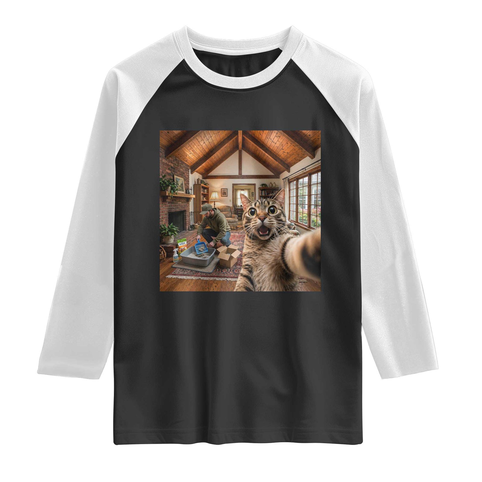 Cat Selfie with Man Funny Cat Dad Raglan Shirt TS11 Black White Print Your Wear