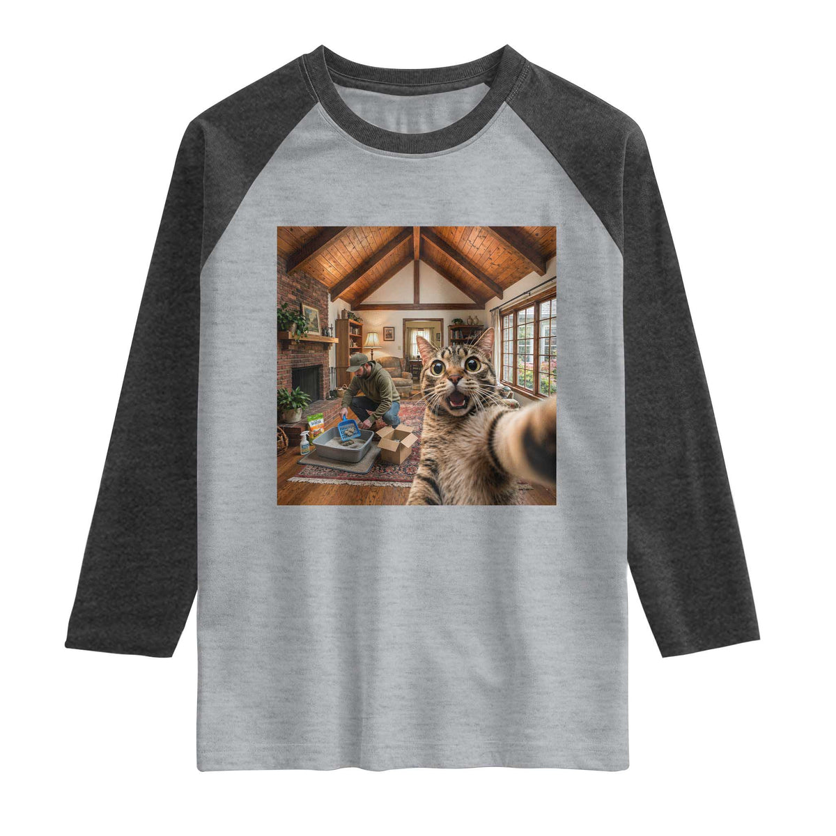 Cat Selfie with Man Funny Cat Dad Raglan Shirt TS11 Heather Gray Heather Charcoal Print Your Wear