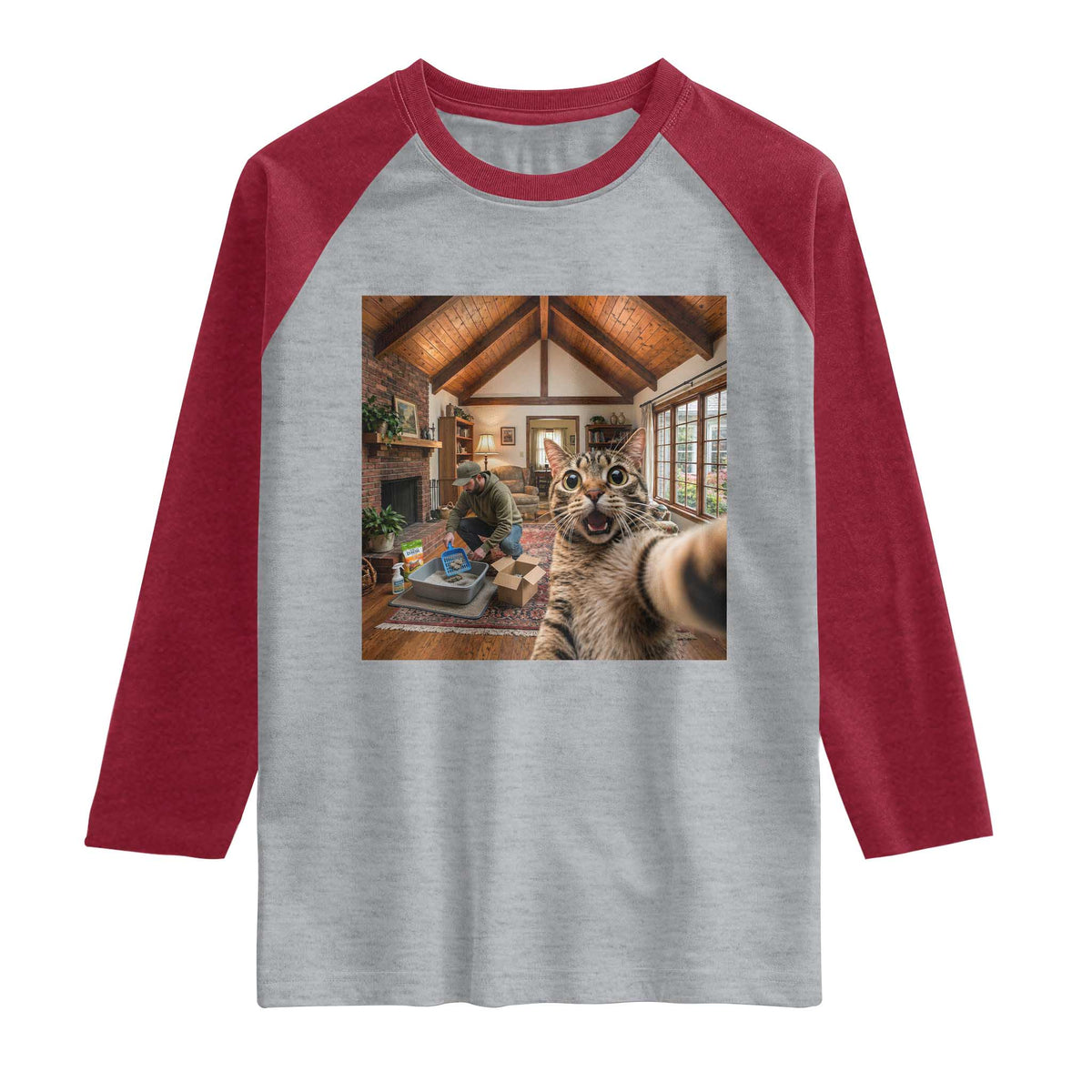 Cat Selfie with Man Funny Cat Dad Raglan Shirt TS11 Heather Gray Heather Red Print Your Wear