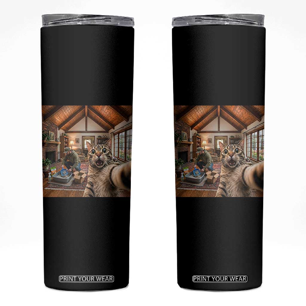 Cat Selfie with Man Funny Cat Dad Skinny Tumbler TS11 Black Print Your Wear