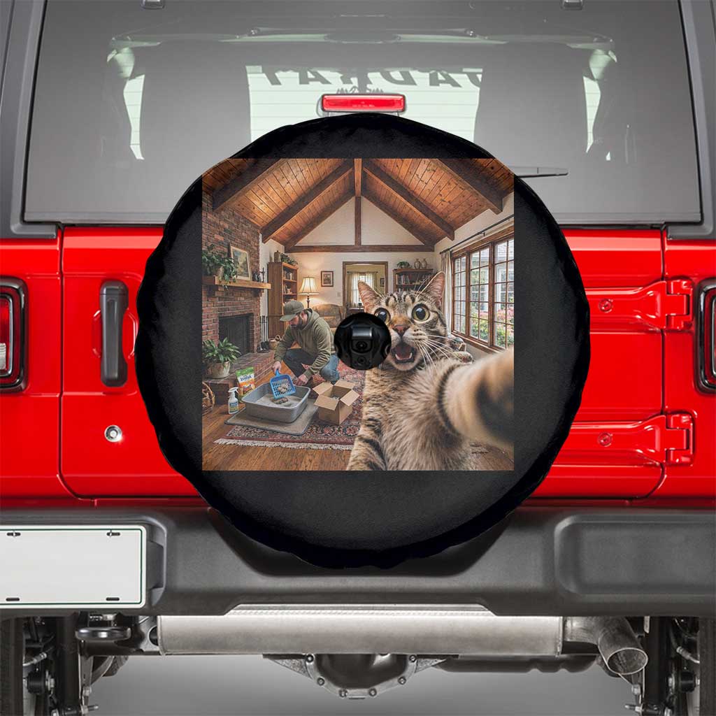 Cat Selfie with Man Funny Cat Dad Spare Tire Cover TS11 Black Print Your Wear