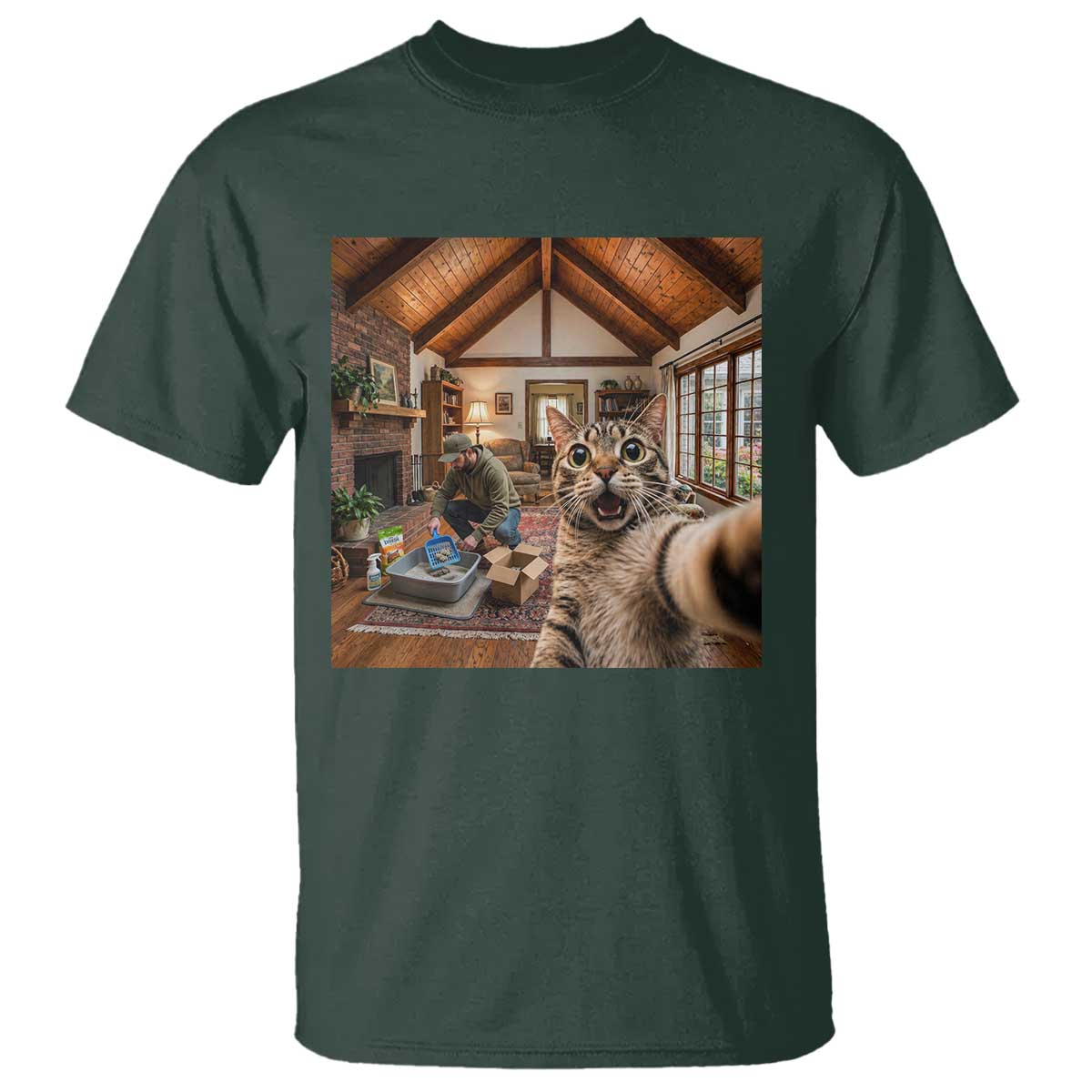 Cat Selfie with Man Funny Cat Dad T Shirt TS11 Dark Forest Green Print Your Wear