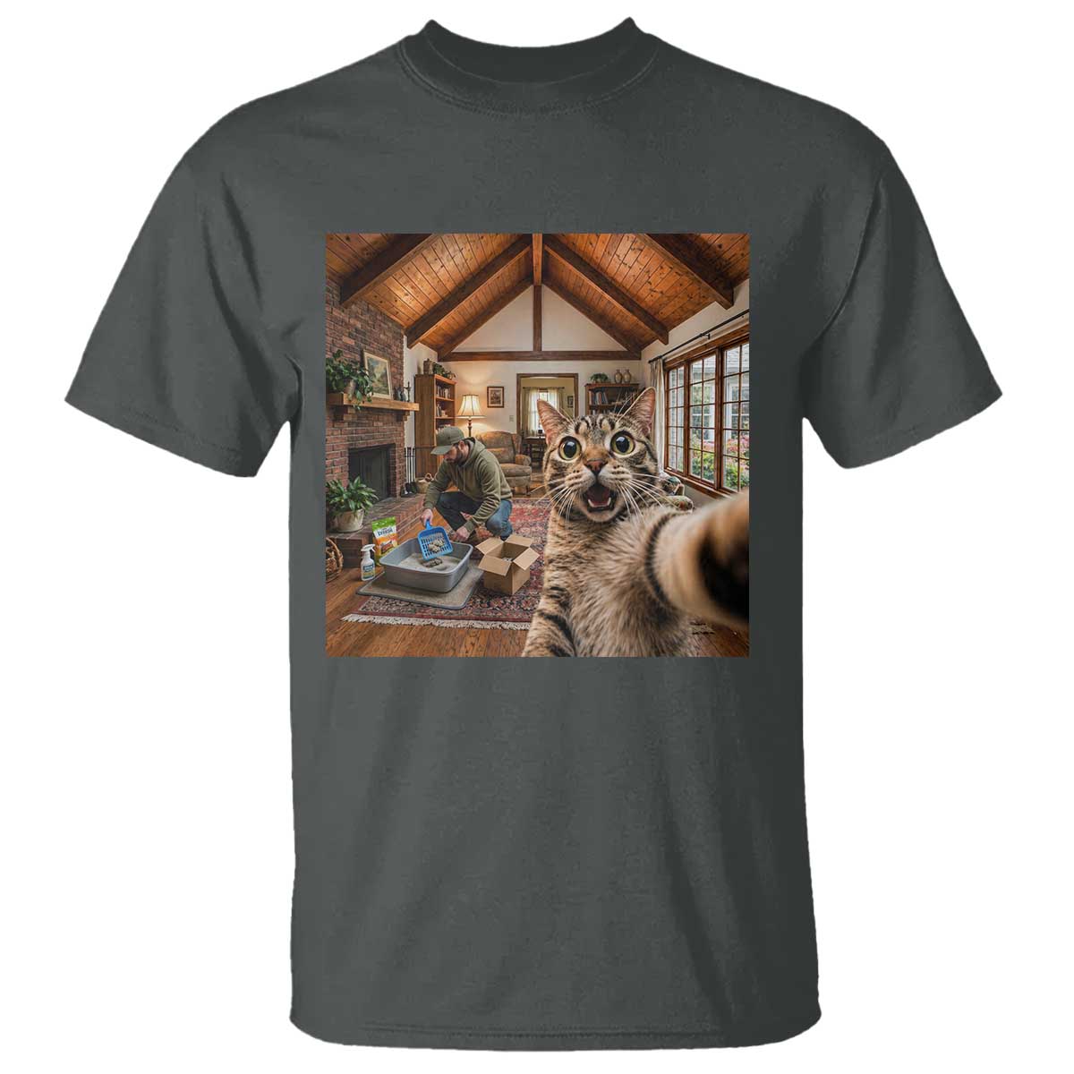Cat Selfie with Man Funny Cat Dad T Shirt TS11 Dark Heather Print Your Wear