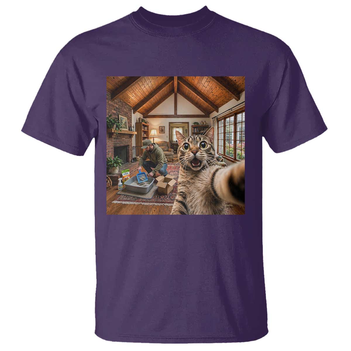 Cat Selfie with Man Funny Cat Dad T Shirt TS11 Purple Print Your Wear